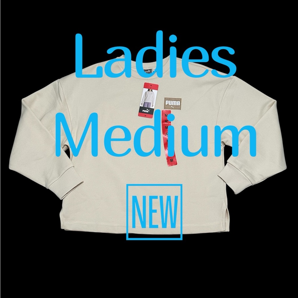 Women's PUMA Medium 8 10 Cream Fleece Sweatshirt Logo Crew Pullover Long Sleeve - Picture 3 of 12